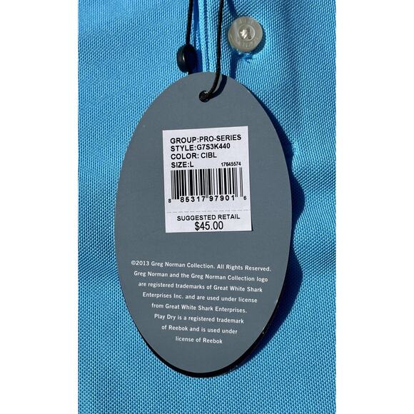 GREG NORMAN Polo Shirt Dri-Fit Golf Shark Logo Men's Blue SIZE Large - New - Picture 3 of 8